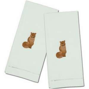   Red Fox Embroidered White Linen Hand Towels (Set of 2)