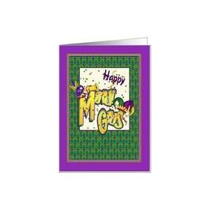  Happy Mardi Gras Green and Purple Masks and Hats Card 