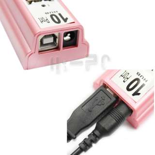 10 PORTS USB HUB 2.0 High Speed with Power Adapter Pink  