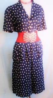 War Time 40s Navy Polka Dot Large Day Dress Suit w free huge RED belt 