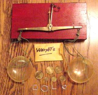 Old Small Hanging Apothecary Balance Scale/Drachm & Scruple Weights 