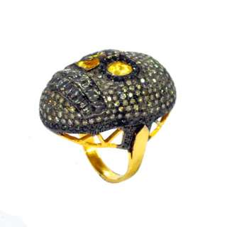 14k Yellow Gold Diamond Skull Ring 925 Silver Jewellery  