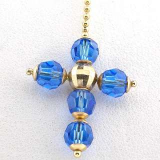   Gold Cross Necklace with Blue Crystals incl Solid Gold Ball Chain