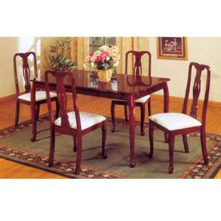   shaped top table, and solid wood chairs with white padded seats