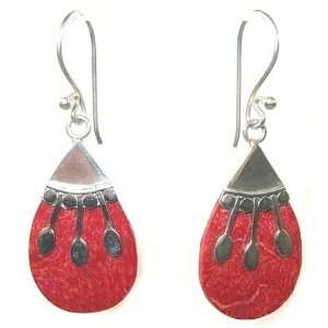    Teardrop Red Coral and Sterling Silver Earrings