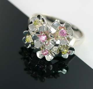 Sterling Silver Pink Yellow Diamonique CZ Dimensional Flower Ring Size 