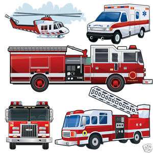 Kids Fire Truck Wall Mural Fireman Helicopter Rescue  