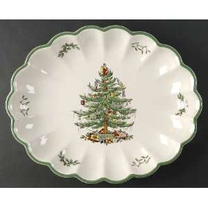 Spode Christmas Tree Green Trim 15 Oval Fluted Dish, Fine China 