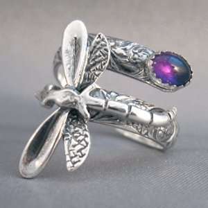  Sterling Silver Dragonfly Spoon Ring with Amethyst 