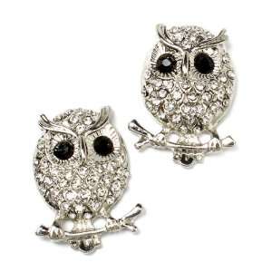    Gorgeous Silvertone Crystal Owl Lover Stud Earrings Jewelry