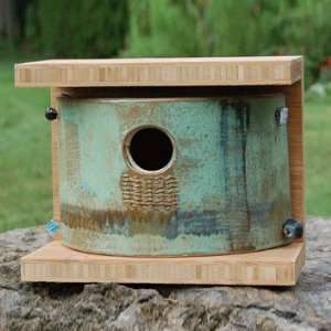   Made Natural Bamboo Plaid Stoneware Birdhouse Patio, Lawn & Garden