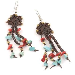 RED CORAL BEADS TURQUOISE HIPPIE WOMEN DANGLE EARRINGS  