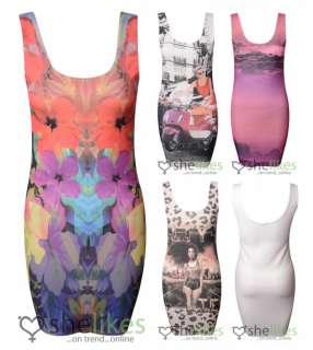 New Womens Ladies Floral Animal Print Stretch Bodycon Long Vest Dress 