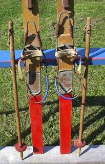 VINTAGE Wooden Skis 45 HICKORY + OLD Bamboo Ski Poles  