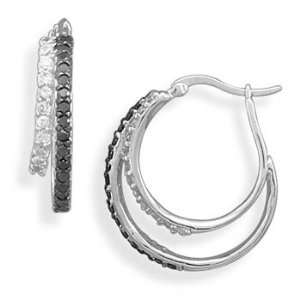  Rhodium Plated Black and White CZ Hoop Earrings Jewelry
